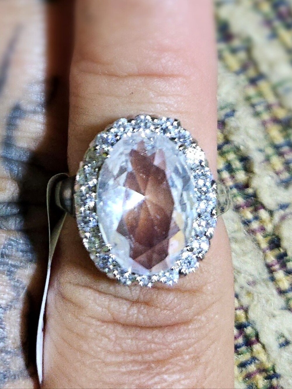 18k White Gold Filled Oversized Oval Clear Quartz-Tone Halo Cocktail Ring